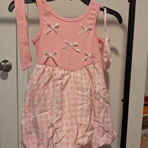 Pink and white gingham dress with white bows